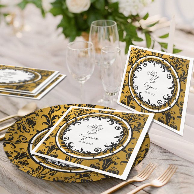 Elegant Black White & Guld Damask Wedding Pappersservett (Skapare uppladdad)