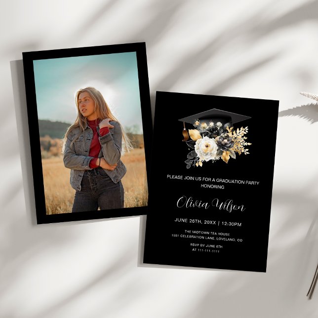 Elegant Black White Guld Flowers Photo Studenten Inbjudningar (Elegant Black White and Gold Flowers photo Graduation Party Invitation)