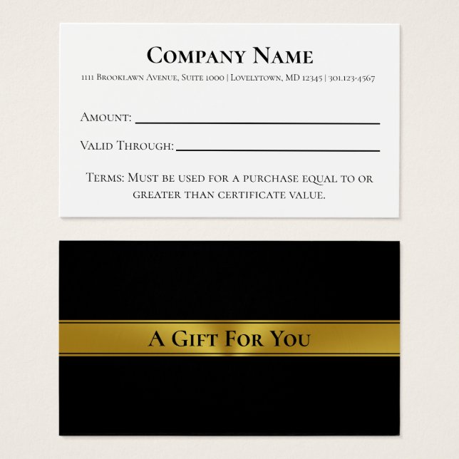 Elegant Black White & Guld Gift Certificate Visitkort (Framsida & baksida)
