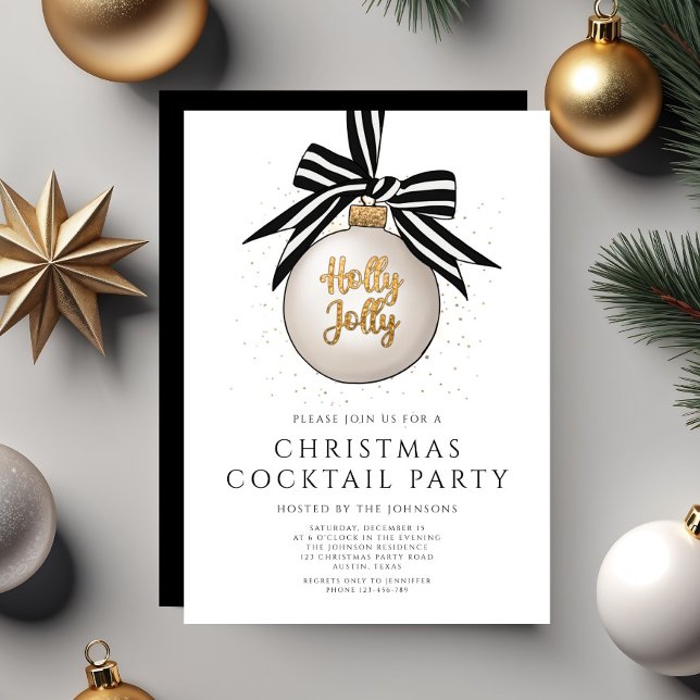 Elegant Black White Guld-julen Cocktail Party Inbjudningar (Elegant Black White Gold Christmas Cocktail Party Invitation)