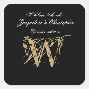 Elegant Black White Guld Monogram Script Namn Chic Fyrkantigt Klistermärke