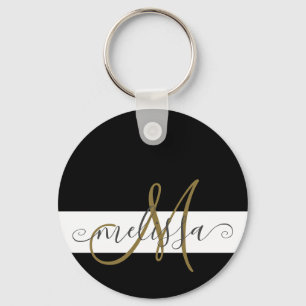 Elegant Black White Guld Monogram Script Namn Nyckelring