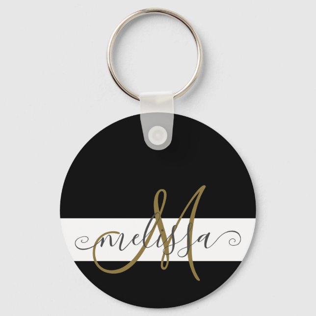 Elegant Black White Guld Monogram Script Namn Nyckelring (Framsida)