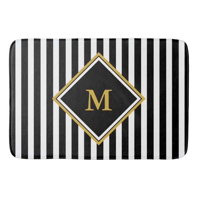 Elegant Black White Guld Monogram stripe Badrumsmatta (Framsidan)