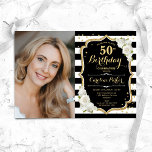 Elegant Black White Guld Photo 50:e födelsedagen Inbjudningar<br><div class="desc">Elegantens blommigt 50-årsinbjudan med ditt foto. Glam svartvit design med faux glitter guld. Innehåller svart och vitt rand, ro, skript och konetti. Perfekt för en snyggt vuxen under firande party. Anpassa med dina egna detaljer. Kan anpassas för vilken ålder som helst! Skrivna Zazzle-inbjudningar eller digital utskrivbar mall för omedelbar nedladdning....</div>