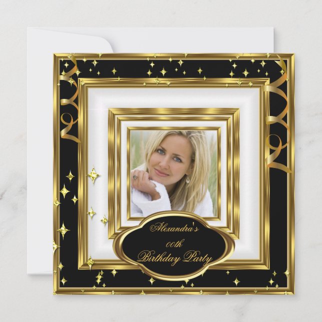 Elegant Black White Guld Photo Födelsedagsfest Inbjudningar (Framsida)