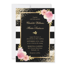 Elegant Black White Guld  Rosa Blommigt Bröllop