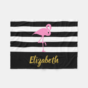 Elegant Black White Guld Rosa Flamingo Script Namn Fleecefilt