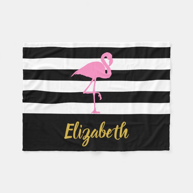 Elegant Black White Guld Rosa Flamingo Script Namn Fleecefilt (Framsidan (Horisontell))