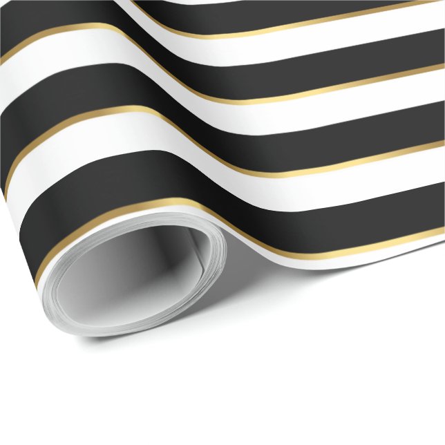 Elegant Black White Guld Vågrät Rand Presentpapper (Rullad Hörn)