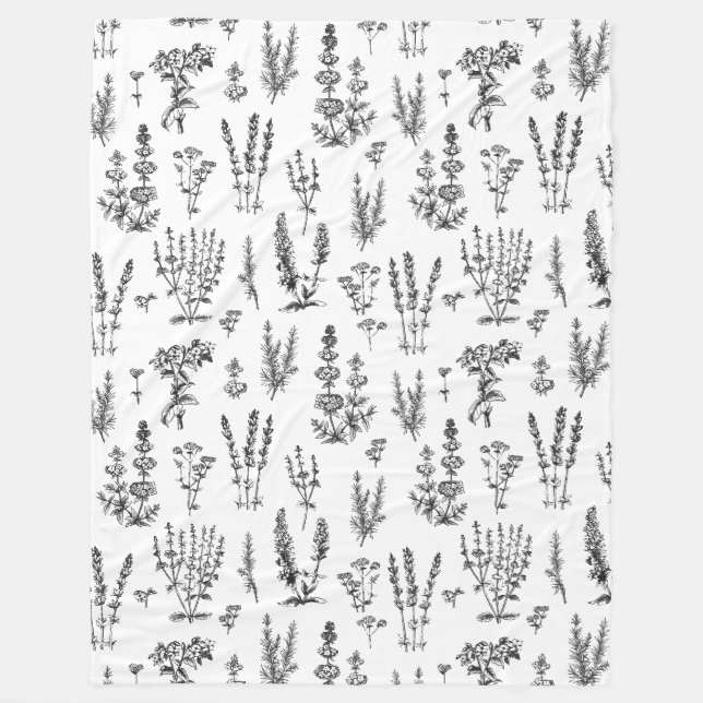 Elegant Black White Herbal Garden Mönster Fleecefilt (Framsidan)