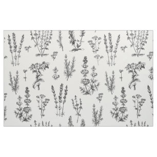 Elegant Black White Herbal Garden Mönster Tyg