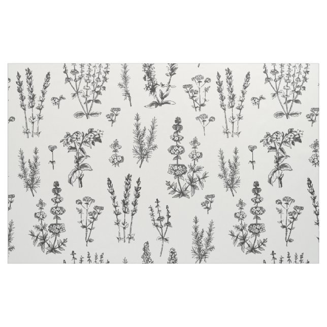 Elegant Black White Herbal Garden Mönster Tyg (Fat Quarter)