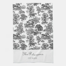 Elegant Black White Horses Toile Rustic Farmhouse Kökshandduk