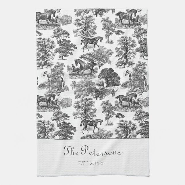 Elegant Black White Horses Toile Rustic Farmhouse Kökshandduk (Vertikal)