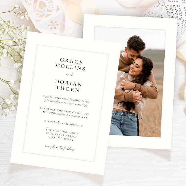 Elegant Black White Ivory Platemark Photo Bröllop Inbjudningar (Skapare uppladdad)