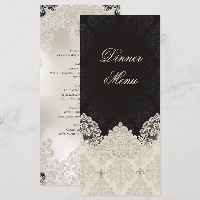 Elegant Black White Lace Wedding Dinner Menu Meny (Fram/baksida)