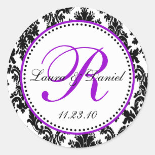 Elegant Black White Lila Damask Wedding Runt Klistermärke
