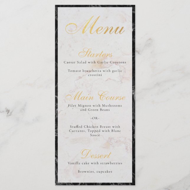Elegant Black White Marble Faux Gold Foil Script Meny (Framsida)