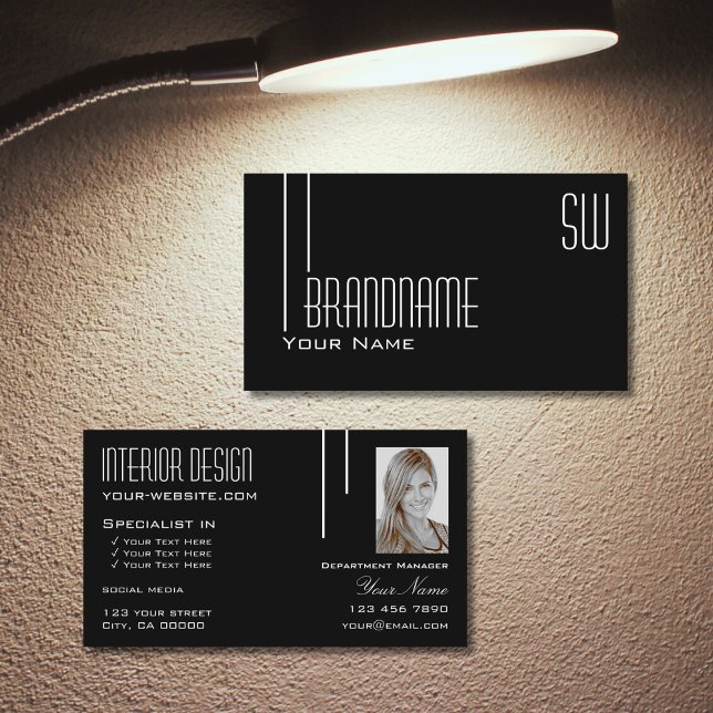 Elegant Black White med Monogram och Photo Modern Visitkort (Skapare uppladdad)