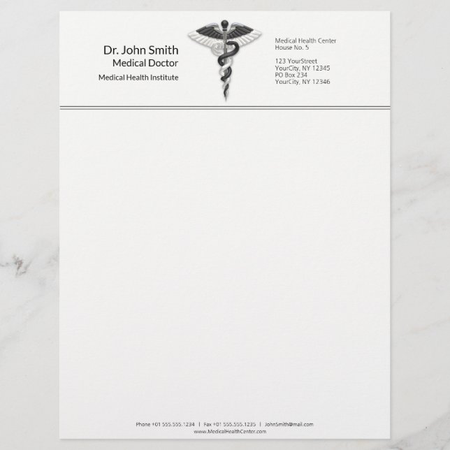 Elegant Black White Medical Classy Noble Caduceus Brevhuvud (Framsida)