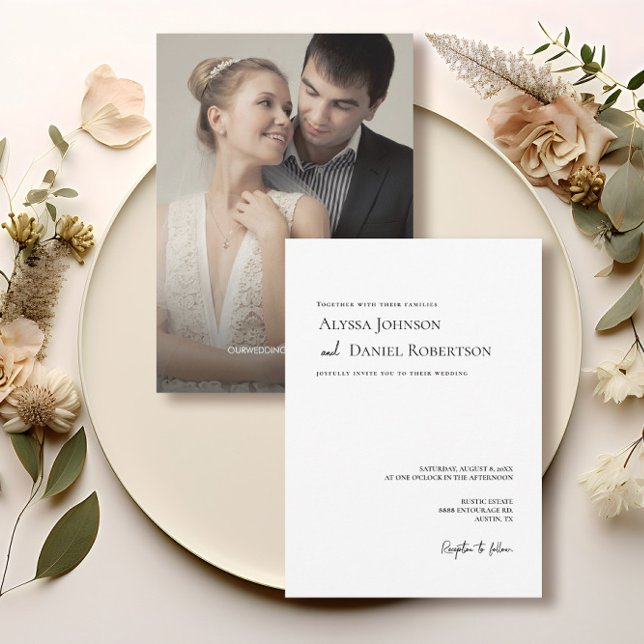 Elegant Black White Minimalist Photo Bröllop Inbjudningar (Minimalist Typography Custom photo on wedding invitation.)