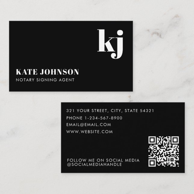 Elegant Black White Minimalist QR Code Monogram Visitkort (Fram/baksida)