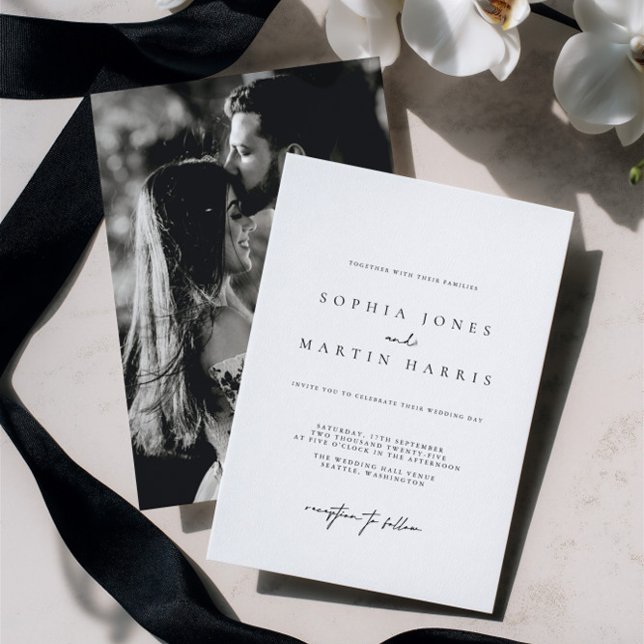 Elegant Black & White Minimalist Wedding Photo Inbjudningar (Elegant Black & White Minimalist Wedding Photo Invitation)