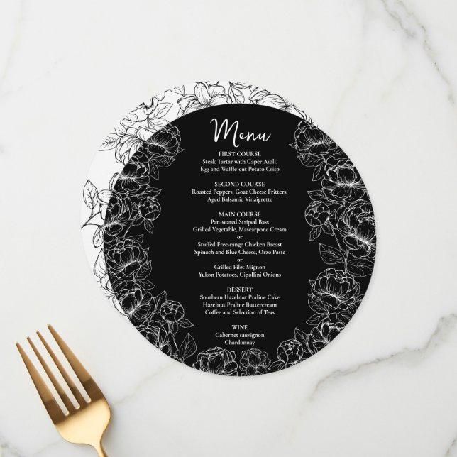 Elegant Black White Modern Boho Round Bröllop Meny (Fram/Back In Situ)