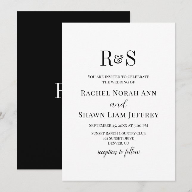 Elegant Black & White Modern Monogram Bröllop Inbjudningar (Fram/baksida)