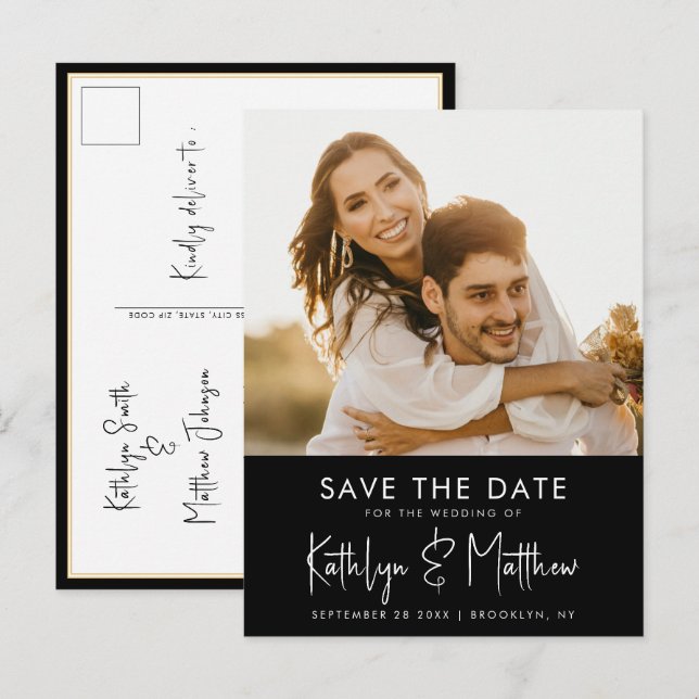 Elegant Black White Modern Script - spara datum Meddelande Vykort (Fram/baksida)