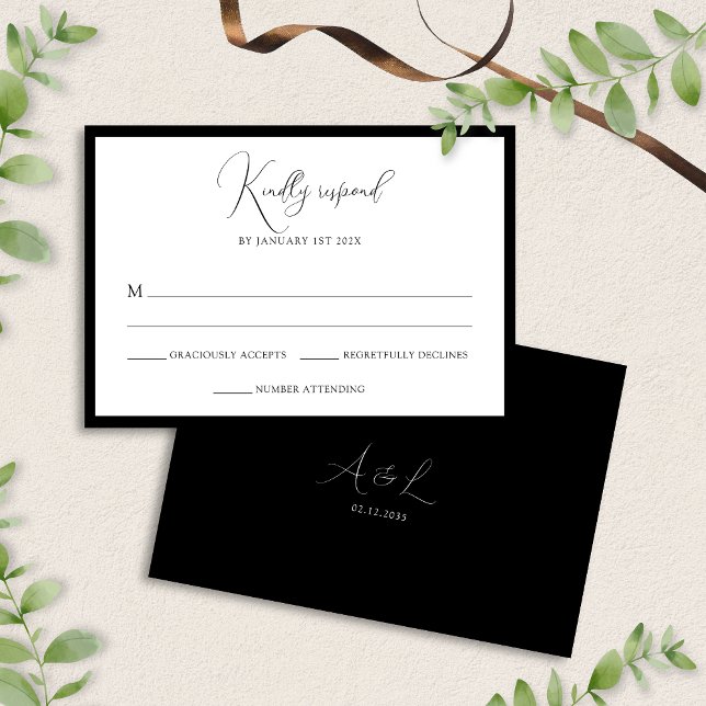 Elegant Black & White Monogram Bordered Wedding OSA Kort (Skapare uppladdad)