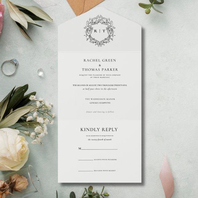Elegant Black & White Monogram Bröllop (Elegant Black & White Monogram Wedding All In One Invitation)