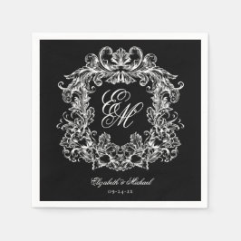 Elegant Black White Monogram Crest Script Wedding Pappersservett