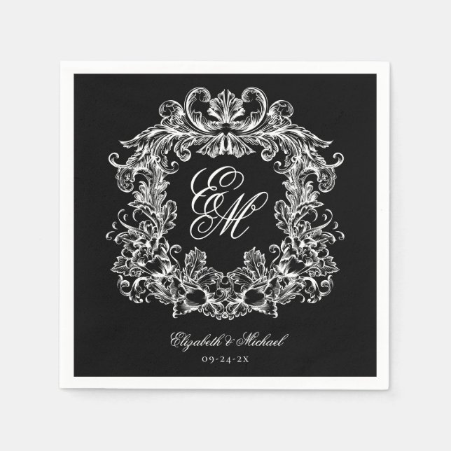 Elegant Black White Monogram Crest Script Wedding Pappersservett (Framsidan)