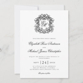Elegant Black White Monogram Crest Wedding Inbjudningar