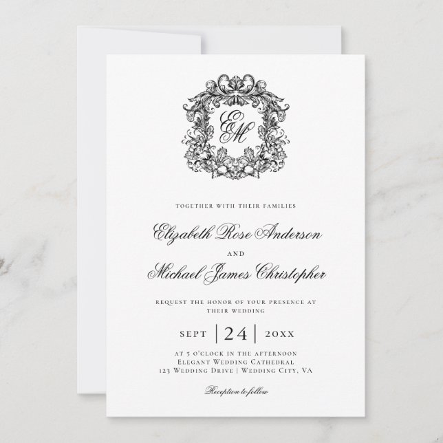 Elegant Black White Monogram Crest Wedding Inbjudningar (Framsida)