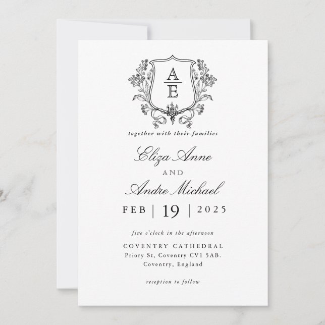 Elegant Black & White Monogram Löv Vapensköld Bröl Inbjudningar (Framsida)