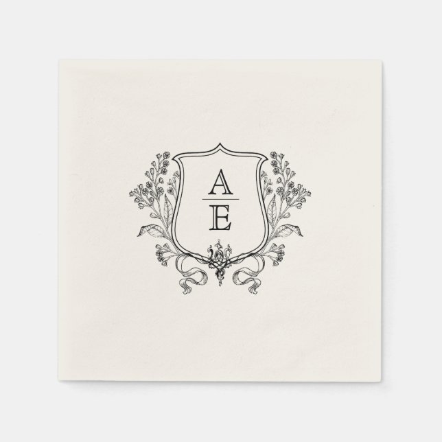 Elegant Black & White Monogram Löv Vapensköld Bröl Pappersservett (Framsidan)