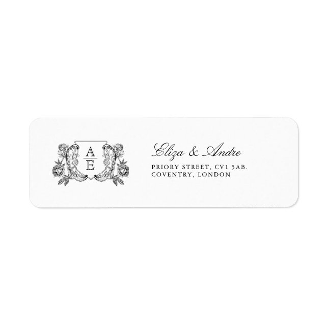 Elegant Black & White Monogram Löv Vapensköld Bröl Returadress Etikett (Framsidan)