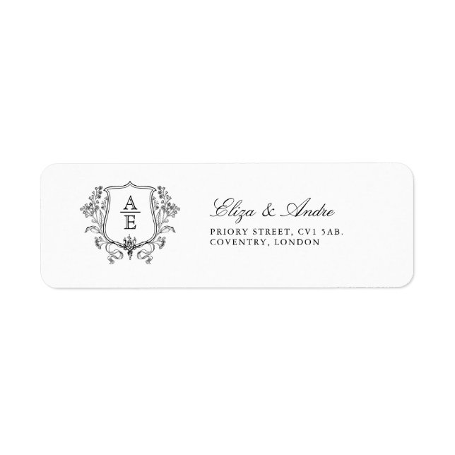 Elegant Black & White Monogram Löv Vapensköld Bröl Returadress Etikett (Framsidan)