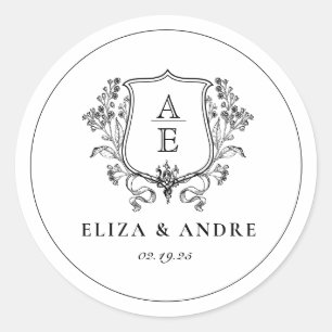Elegant Black & White Monogram Löv Vapensköld Bröl Runt Klistermärke