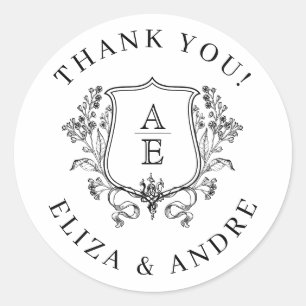 Elegant Black & White Monogram Löv Vapensköld Bröl Runt Klistermärke
