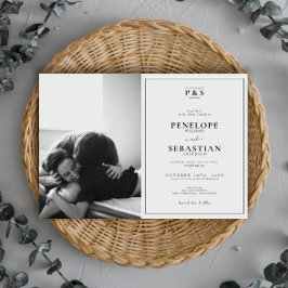 Elegant Black & White Monogram Photo Bröllop Inbjudningar