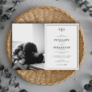 Elegant Black & White Monogram Photo Bröllop Inbjudningar