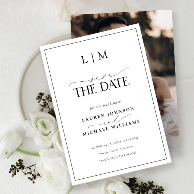 Elegant Black & White Monogram Photo Bröllop Spara Datumet (Save the Date Invitation!)