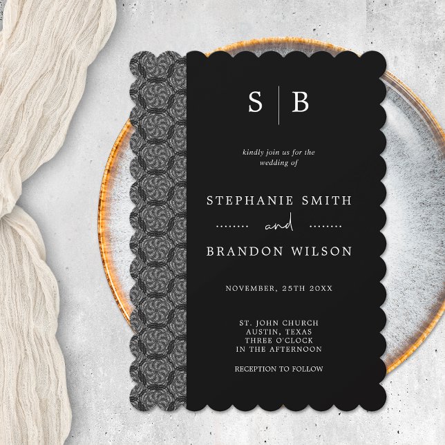 Elegant Black & White Monogram Snöre Bröllop Inbjudningar (Skapare uppladdad)