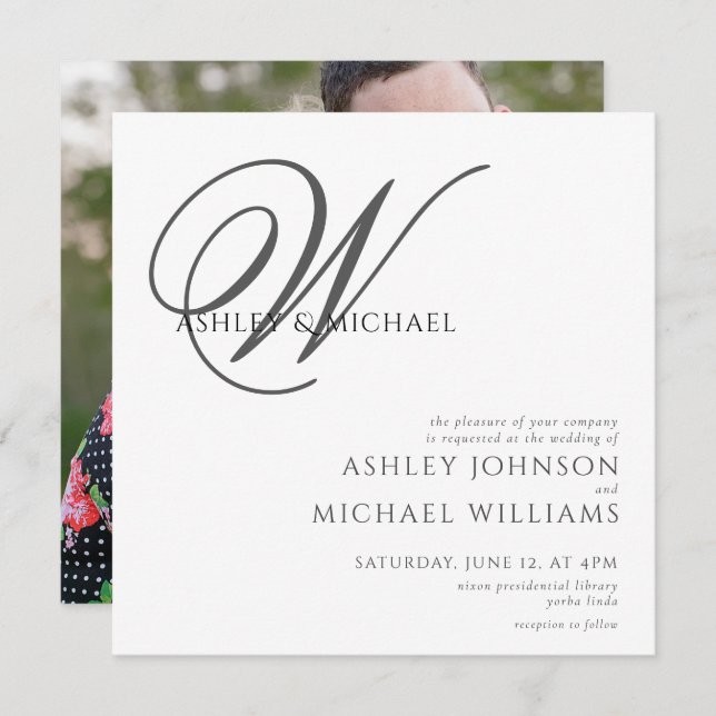 Elegant Black/White Monogram Square Photo Bröllop Inbjudningar (Fram/baksida)