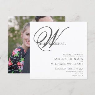 Elegant Black/White Monogram Square Photo Bröllop Inbjudningar