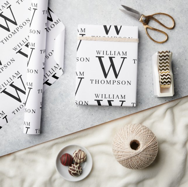 Elegant Black & White Monogrammed Namn Presentpapper (Hantverk)